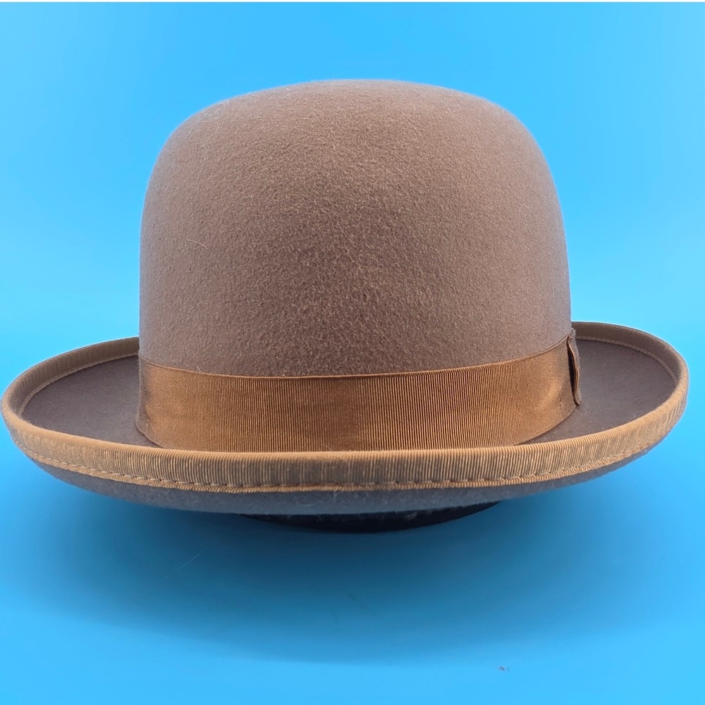 Designer Collection Tan Brown Wool Felt Bowler Derby Hat Made in USA XL